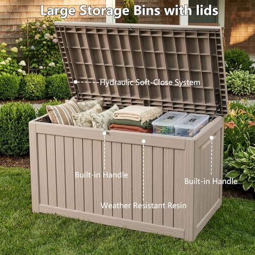 300 Gallon Outdoor Storage Box Waterproof Lockable Resin Deck Box Large, Patio Storage Bin for Pool Accessories Cushion Furniture, Garden Tools, UV-Resistant Outside Delivery Grey