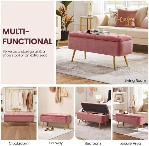 Yaheetech Storage Ottoman Bench for Bedroom, Velvet End of Bed Bench, Pink