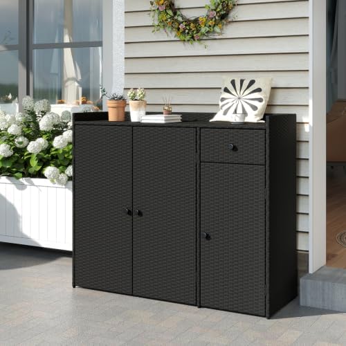 Tangkula Rattan Outdoor Storage Cabinet with 2 Adjustable Shelves