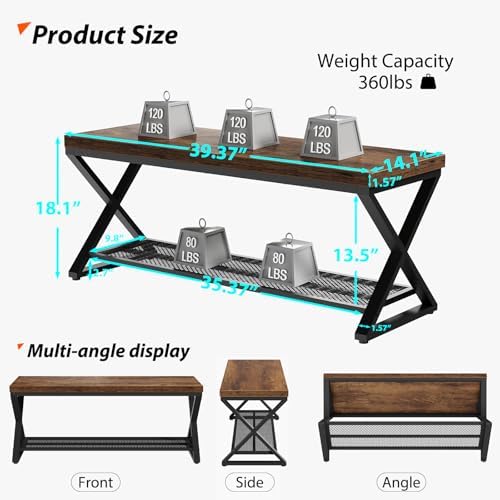 LVB Rustic Brown Entryway Bench, 39" Industrial Shoe Bench with Storage