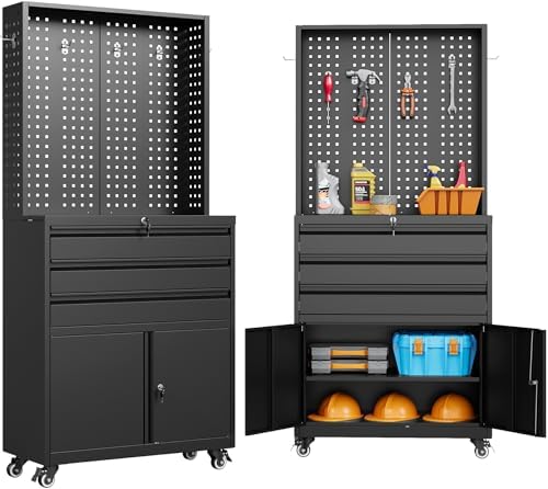 SISESOL Metal Storage Cabinet with Wheels and Drawers,Rolling Garage Storage Cabinet with Lock,Black Metal Tool Cabinet with Hooks,Tall Tool Cabinet on Wheels for Garage,Home,Office,Shop