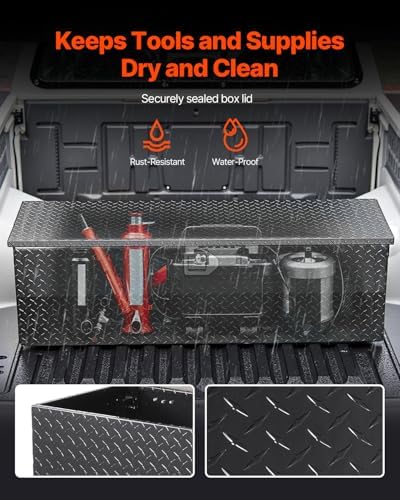 VEVOR Heavy Duty Aluminum Truck Bed Tool Box, Diamond Plate Tool Box with Side Handle and Lock Keys, Storage Toolbox Chest Organizer for Trailer, Pickup, Truck Bed, RV, 49"x15"x15", Black