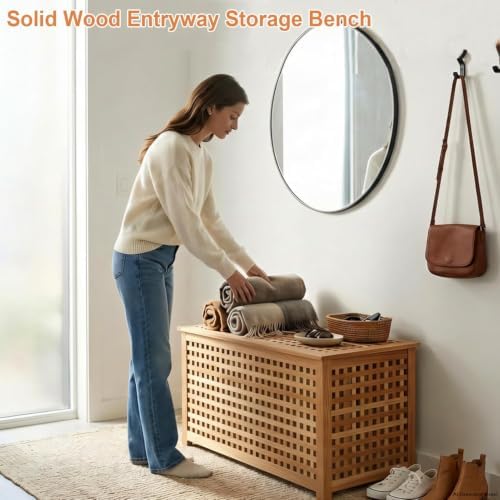 Solid Wood Entryway Bench with Storage, storage chest with Removable Bag