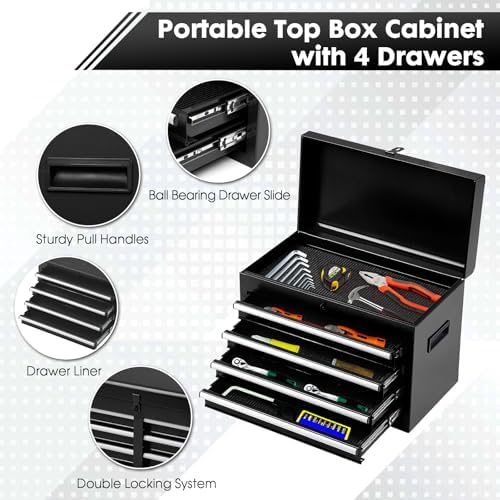 Dawmilon 5-Drawer Rolling Tool Chest with Wheels - High Capacity Tool Cabinet with Detachable Top Toolbox for Garage and Workshop Organization - Metal Tool Cart with Liner & 4 Hooks, Black