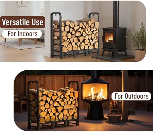 Amagabeli 4ft Firewood Rack Stand Adjustable Indoor Outdoor Fireplace Log Holder Heavy Duty Metal Wood Pile Storage Organizer Wrought Iron Lumber Stacker for Patio Black