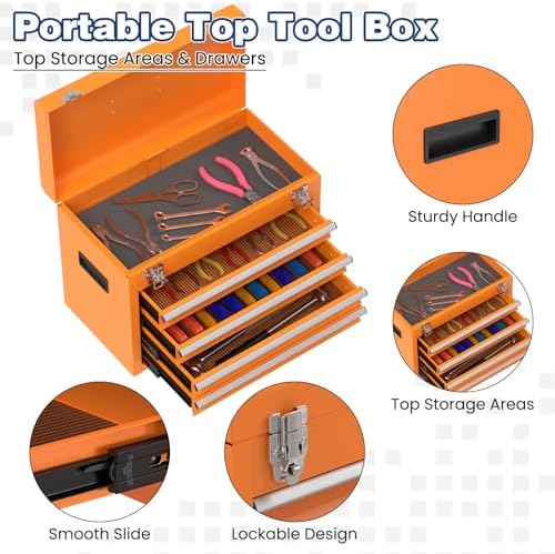 Rolling Tool Box with Wheels, 5-Drawer High Capacity Tool Chest with Wheels, Removable Storage Toolbox with Lock for Garage, Workshop (Orange)