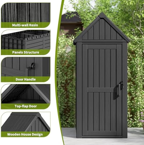 Outdoor Storage Shed, Waterproof Storage Cabinet with Ample Space, Sturdy Resin with Lockable Door and Sloping Roof, Multiple Hooks for Backyard, Garden, Patio & Lawn, Black