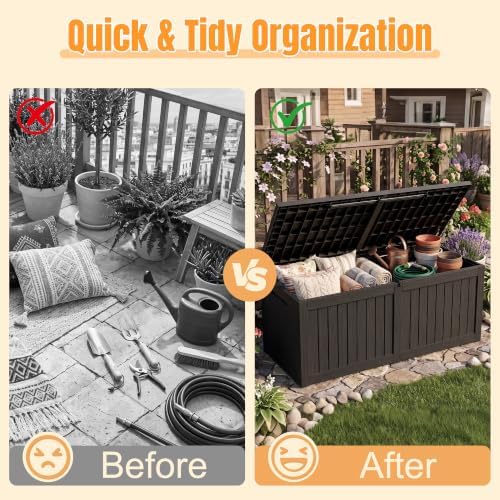 Outdoor Storage Box, 390 Gallon Waterproof Resin Deck Box with Support Rod