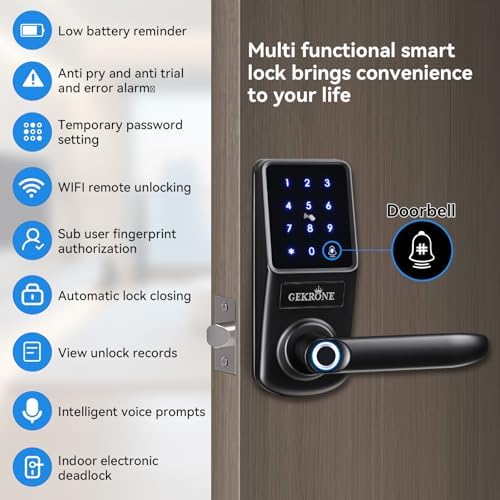 Smart Fingerprint Lock with Lever Handle, Keypad Touchscreen Keyless Entry Front Door Knob, APP Control Biometric Electronic Digital Deadbolt Set
