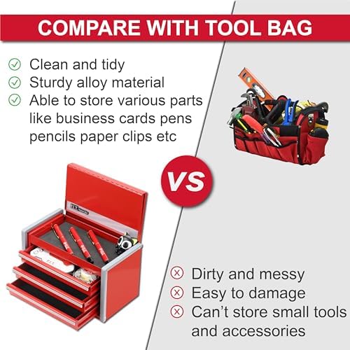 P.I.T. Mini Tool Box,3 Drawers Small Metal Toolbox for Tools Storage,Red