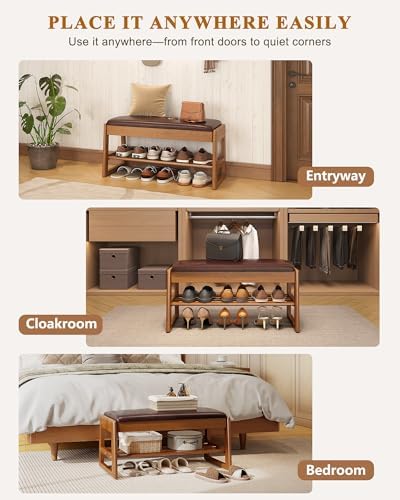 Shoe Rack Bench with Hidden Storage, 2‑Tier Solid Rubberwood Entryway Bench