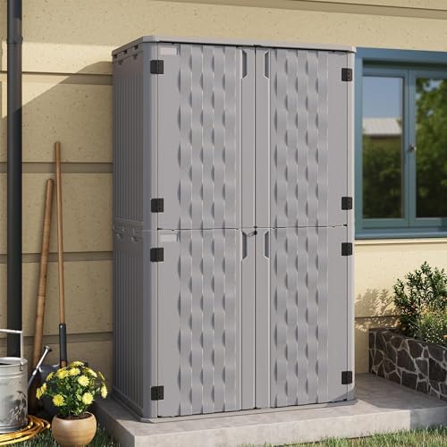UDPATIO 67 Cu.Ft Vertical Outdoor Storage Shed, HDPE Resin Sheds,Grey