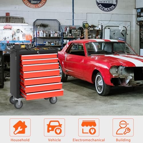 7-Drawer High Capacity Rolling Tool Box, Removable Cabinet Storage Tool Chest with Wheels and Drawers, Detachable Toolbox with Lock for Mechanics Garage Workshop and Tool Room (Black&red)