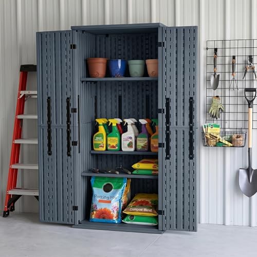 ZYJOYY Outdoor Storage Cabinet with 4 Shelves, 31.5" x 23.23" x 66.22" Grey Waterproof Resin Vertical Tool Shed, Lockable 30 cu.ft. Storage Shed for Patio, Garden, Yard