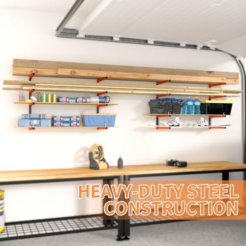 2 Pack Lumber Storage Rack, Wall Mount Foldable & Adjustable Lumber Rack with 4-Level Holds Up 520 Lbs, Heavy Duty Metal Garage Wood Rack for Workshop, Basement, Indoor and Outdoor
