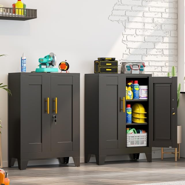 Small Metal Locking Cabinet, Tool Storage Cabinet with Doors and 2 Shelves