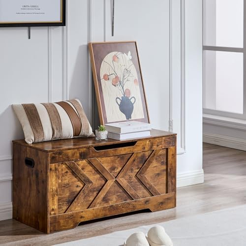 39.4” Storage Bench, Extra Large Entryway Bench with Storage,Storage Chest with 2 Safety Hinges,Blanket Storage,Shoe Storage Chest for Bedroom,Living Room,Easy Assembly. (Rustic Brown)