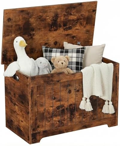 SUPER DEAL Storage Chest, 30 inches Chest Box Organizer with 2 Safety Hinges, Wooden Entryway Storage Bench, Rustic Brown