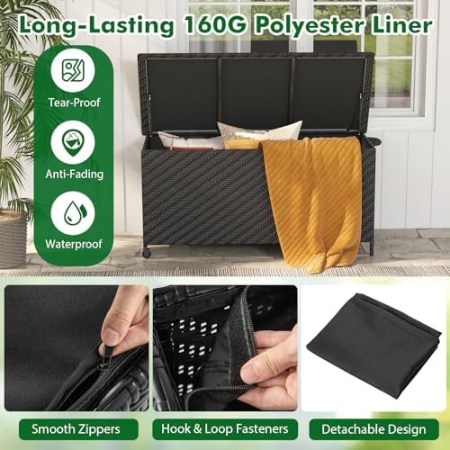 Tangkula Tightly-Woven Rattan Deck Box, Patiojoy Storage Cabinet Container with Polyester Liner, Universal Wheels & Gas Strut, 85 Gallon Indoor Outdoor Storage Box for Pillows, Cushions (Black)