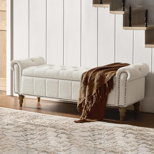 HULALA HOME Farmhouse Storage Bench, Ivory