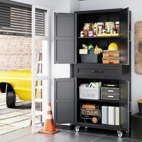STANI 73" H Metal Storage Cabinet with Wheels, Black Rolling Tool Cabinet
