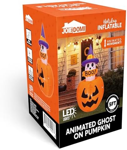 Joiedomi 5ft Tall Halloween Animated Inflatables Outdoor Decorations, Inflatable Ghost on Pumpkin with LEDs, Cute Blow Up Pumpkin Ghost Decor for Outside Yard Outdoor Lawn Garden Party Decoration
