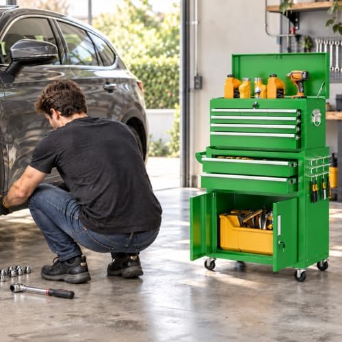 Bonusall 8 Drawer Rolling Tool Chest and Cabinet Combo,Heavy-Duty Metal Garage Tool Chest with Wheels and 2 Doors,2-in-1 Top Box and Roller Cabinet Combo for Garage, Workshop, Warehouse-Green