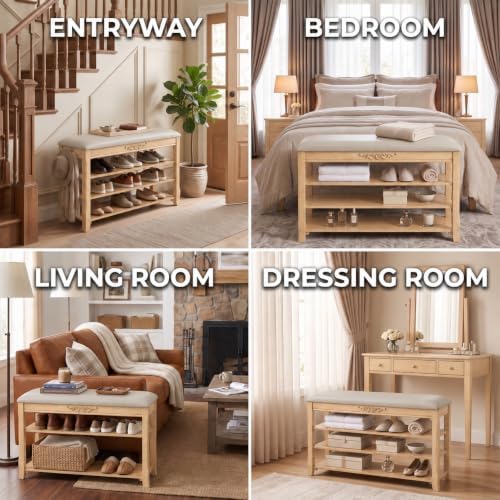 Shoe Rack Bench Entryway Storage with Leather Cushion, 31.5"