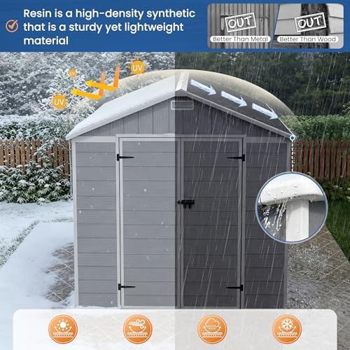 Amopatio 8X12 FT Resin Storage Shed with Floor Included, Plastic Outdoor Shed with Lockable Door, Window & Vents, for Lawnmower, Garden Tools, Pool Supplies, Grey & White