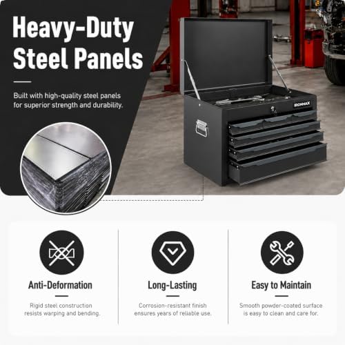 ARNOT Large Metal Tool Box, Tool Box with 6 Drawers & Top Tray, Heavy-Duty Steel Tool Chest with Auto-Locking Drawers and Side Handles for Garage & Workbench (Black)
