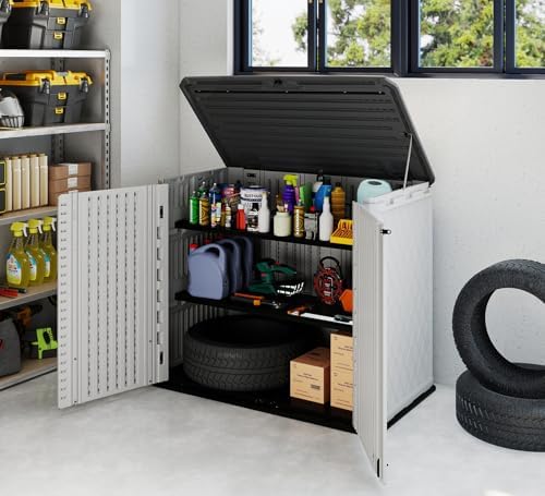 HOMSPARK Storage Shed Weather Resistance, Multi-Purpose Outdoor Storage Cabinet for Backyards and Patios, 26 Cu.ft Capacity Horizontal Storage Shed for Bike, Lawnmower, Trash Cans, Patio Accessories