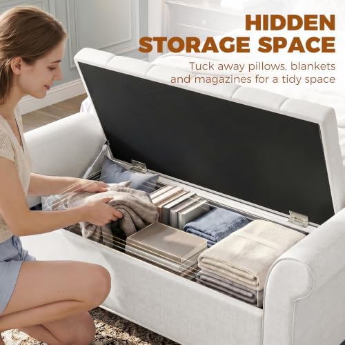 HOMCOM 47" Storage Ottoman End of Bed Bench with Rolled Arms Cream White