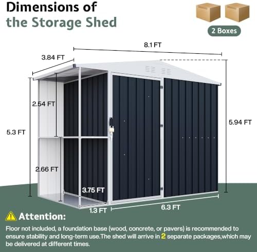 AMERLIFE 8x4x6 FT Outdoor Metal Shed with Shelving Rack