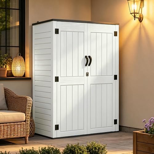 ZYJOYY Outdoor Storage Shed, 59 Cuft Outside Waterproof Storage Cabinet, HDPE Resin Plastic 385 Gallon Outdoor Storage Container, Vertical Lockable Storage Shed (Light Grey, 59 cuft/No Shelves)