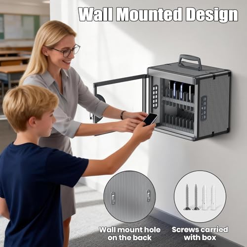 24 Slots Cell Phone Locker for Classroom with Key, Portable Mobile Phone Storage Box with Handle & Charging Hole, Phone Lock Box Wall Mounted for School (Black, 24 Slots)