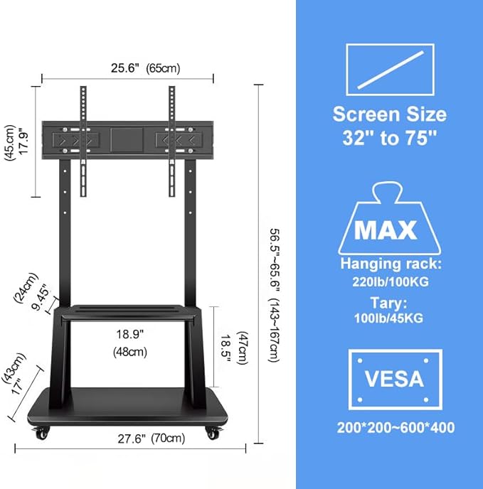 Hellsehen Mobile TV Stand, Rolling TVs Cart on Wheels Height Adjustable