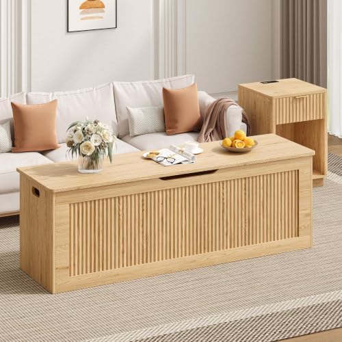 Akxomel 51.2" Fluted Storage Chest Wooden Storage Trunk 2 Safety Hinges Oak