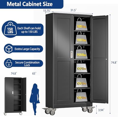 Ckzbx Metal Garage Storage Cabinet with Locking Doors and Adjustable Shelves,75" H Rolling Tool Storage with Wheels for Garage,Office (Black)