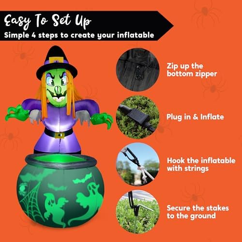 Joiedomi 6 Ft Halloween Inflatable Witch and Cauldron Decoration with Projecting Rotating Green Ghost Light, Inflatable Yard Decor Blow Up with Build-in LEDs for Halloween Party Indoor, Outdoor Decor