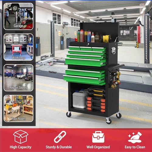 8 Drawers Rolling Tool Chest with Drawers, High Capacity Toolbox on Wheels, Lockable Drawers Tool Box Organization and Storage, Tool Cabinets on Wheels for Garage (BlackGreen, 8 Drawers)