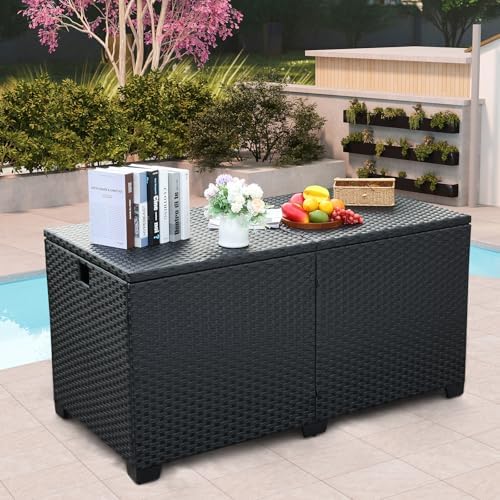 Rattan Star 180 Gallon Outdoor Storage Box Deck Storage Box Cushion Storage Bin Outdoor Large Patio Storage Bin with Waterproof Lining Bag, Black Wicker