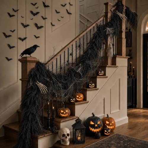 Black Halloween Mantle Garland Decor Gothic Garlands for Decorations 6Ft Fireplace Indoor Home Fall Decoration