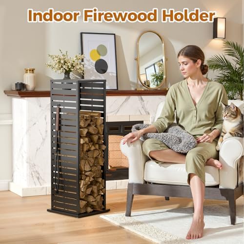 4ft Firewood Rack，Fire Wood Log Holder as Indoor Plant Stand, Outdoor Privacy Screen, Firewood Storage for Fire Pits Fireplace Pergola Gazebo Patio Deck Balcony Black