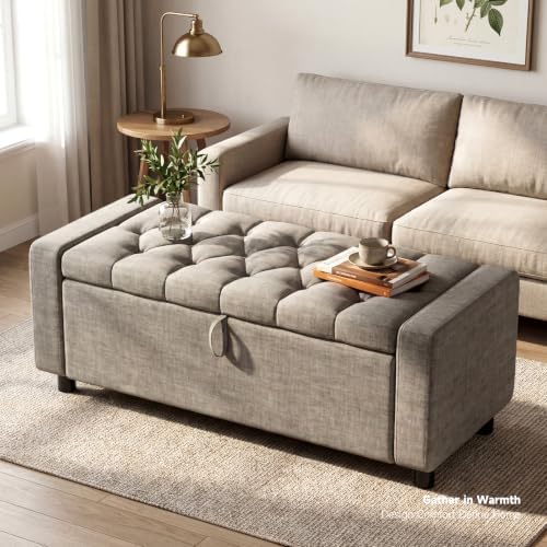 46" Storage Ottoman Bench, 30Gal Linen Tufted, End of Bed Bench