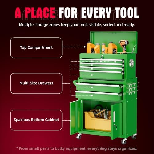 Bonusall 8 Drawer Rolling Tool Chest and Cabinet Combo,Heavy-Duty Metal Garage Tool Chest with Wheels and 2 Doors,2-in-1 Top Box and Roller Cabinet Combo for Garage, Workshop, Warehouse-Green