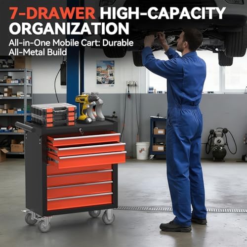 7-Drawer Rolling Tool Chest with Wheels, Metal Tool Storage Cabinet with Lock&Keys and Swivel, Toolbox with Drawers, Tool Box for Warehouse,Garage, Repair Shop, Workshop (Blackred, 7-Drawer)