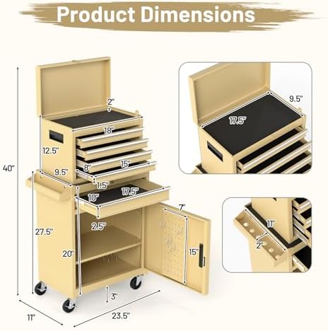 DREAMADE 5-Drawer Tool Chest Combo, Rolling Tool Cabinet w/Detachable Top Tool Box, Adjustable Shelves, Lockable Wheels, Metal Tool Box for Garage, Workshop, Repair Shop Storage (Yellow)