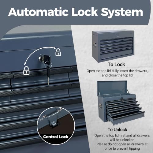 9 Drawers Metal Tool Box, 24" Portable Steel Tool Chest with Key Lock & EVA Liners, Multi-Function Top Storage Tray Toolbox with Powder Coating & Ball Bearing Slides for Garage & Workshop(Grey)