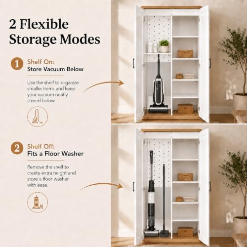 68.9" Wooden Broom Closet Storage Cabinet with Perforated Wood Panel and Doors, Utility Cabinet Built-in Bottom Openwork for Charging Device, Elegant Cleaning Storage Solution for Garage, Laundry