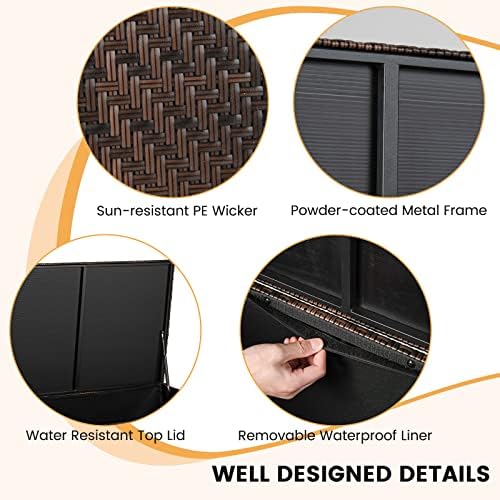 GIANTEX 96-Gallon Outdoor Storage Box - PE Wicker Deck Box with Lid, 4 Wheels, Waterproof Liner, outside Rattan Storage Container for Patio Cushions, Garden Tools Accessories Storage Box (Mix Brown)